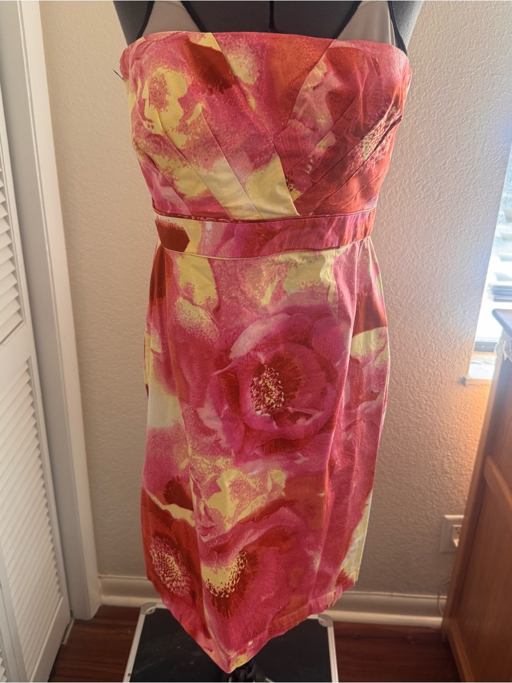 New York & Company Strapless Pink and Yellow Floral Sheath Dress
